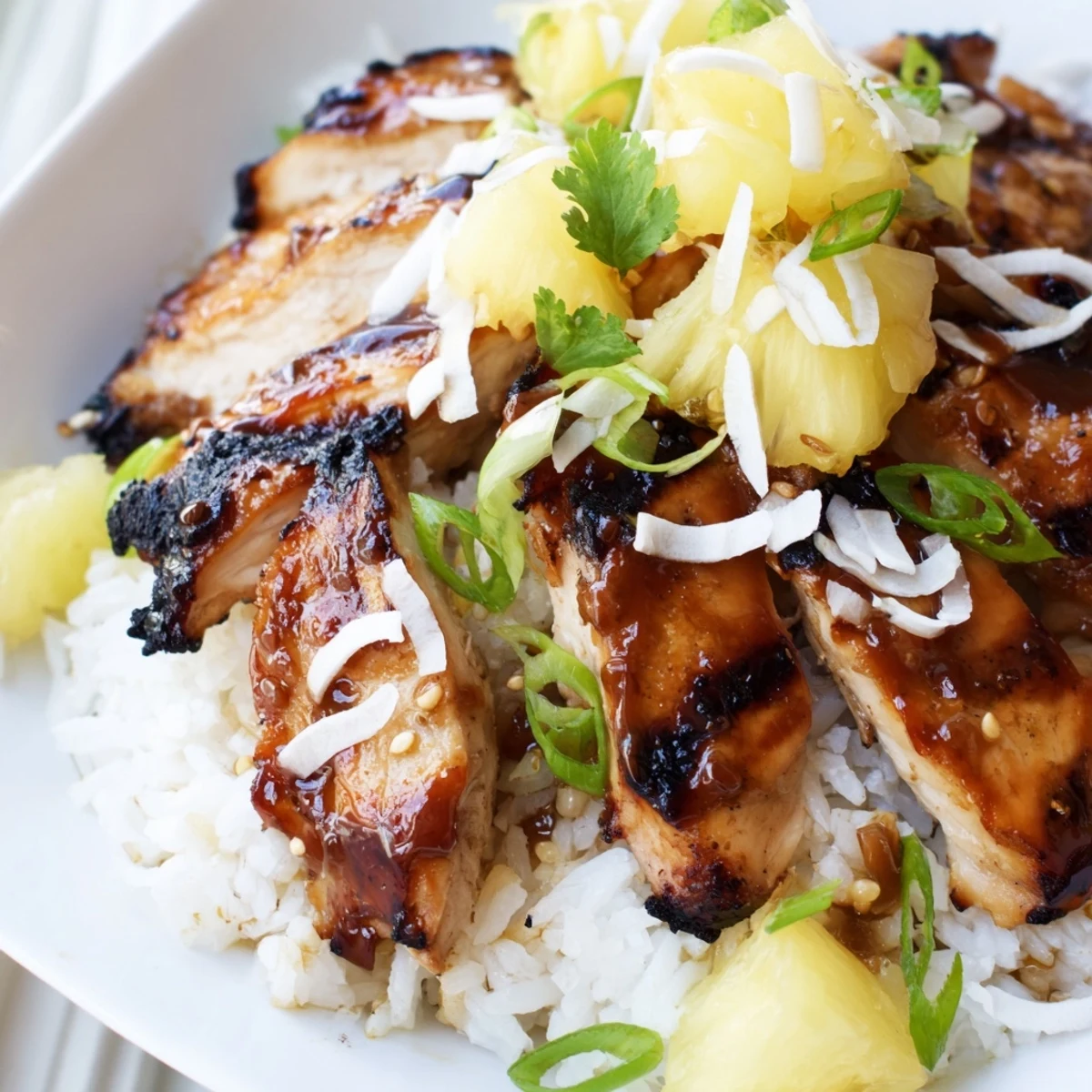 Tender glazed chicken served over creamy coconut rice with juicy pineapple and cilantro