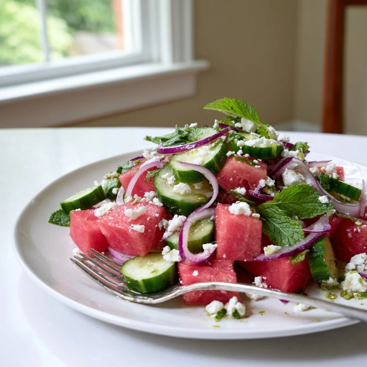 Juicy watermelon feta salad with crisp cucumber and fresh mint leaves