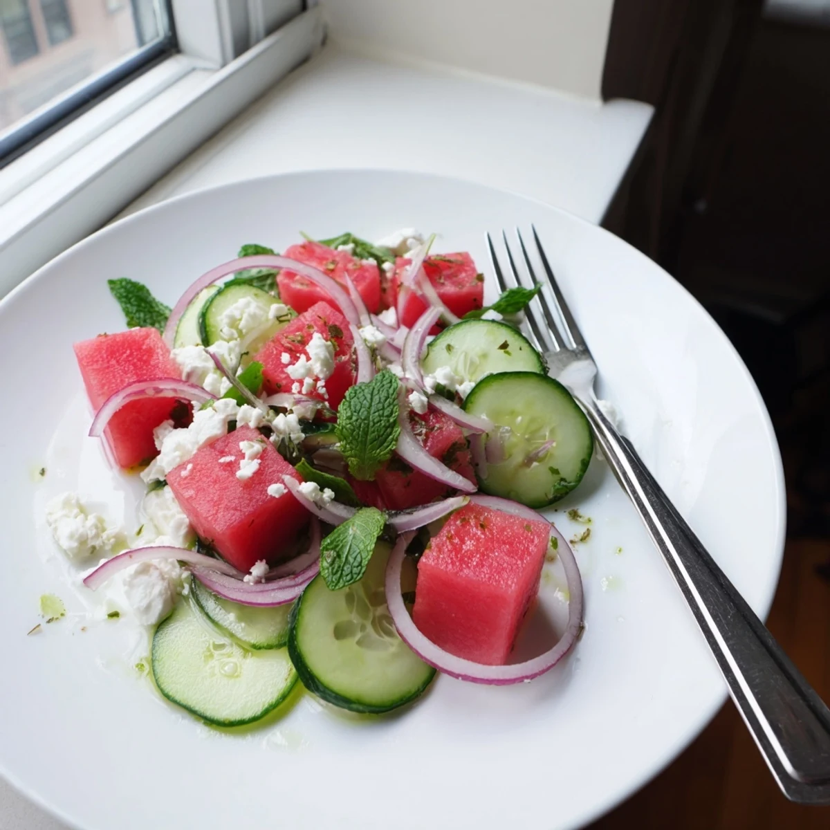 Creamy feta crumbles topping bright red watermelon chunks in summer salad