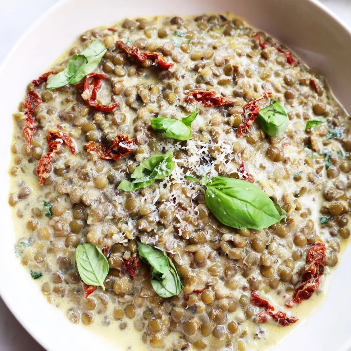 Creamy Marry Me Lentils in rich sun-dried tomato sauce topped with fresh basil garnish