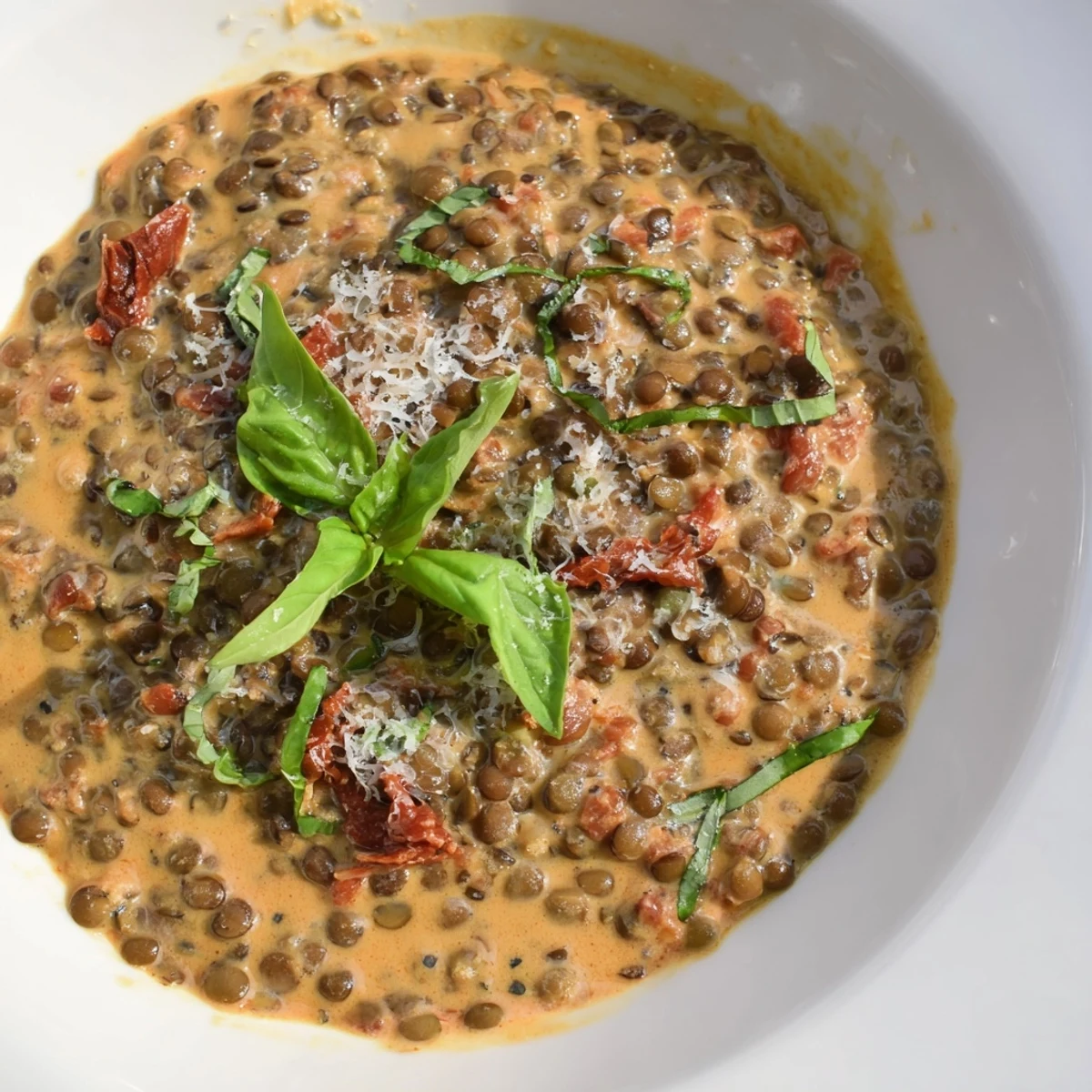 Warm bowl of Marry Me Lentils with velvety sauce and melted Parmesan cheese sprinkled on top