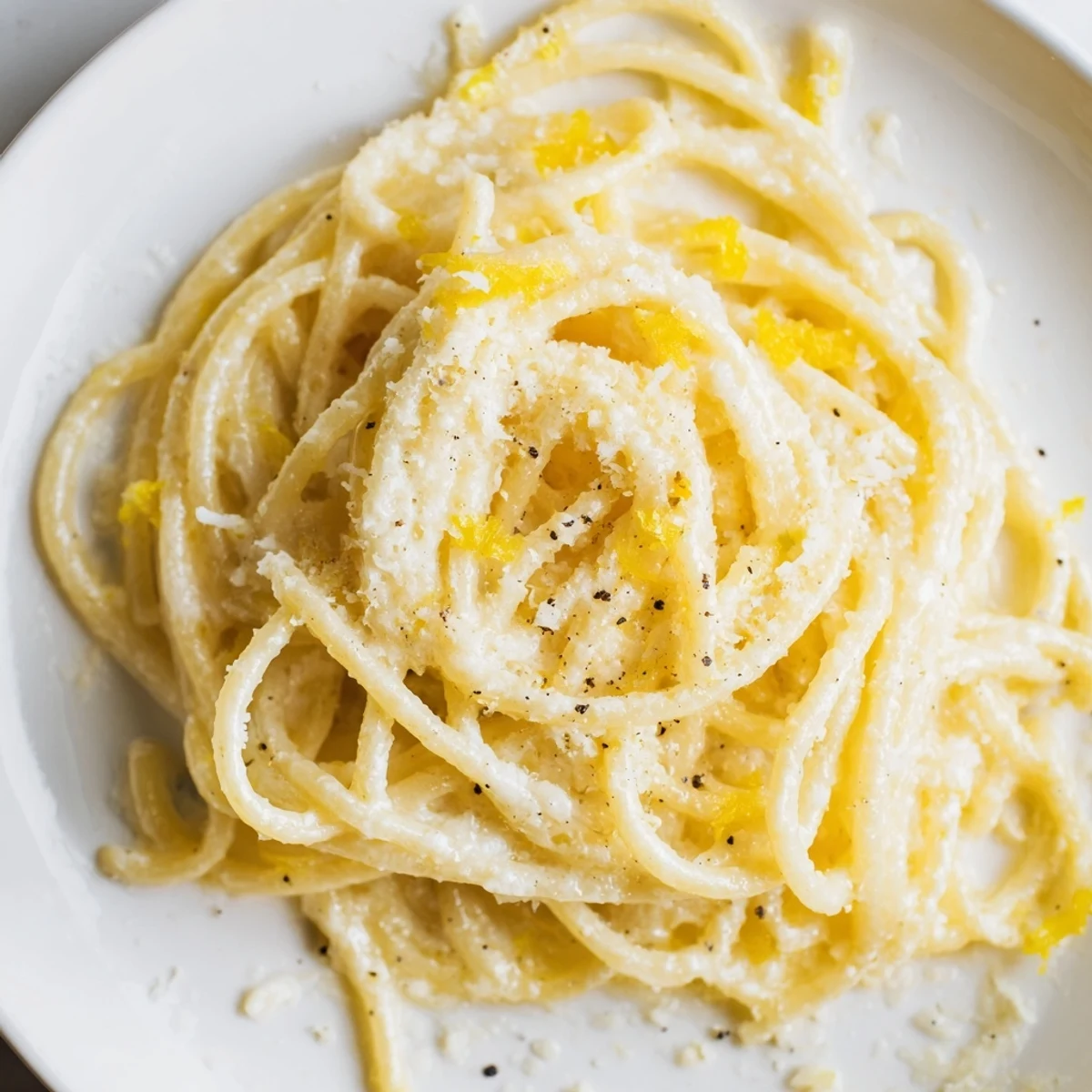 Creamy Parmesan lemon pasta tossed with garlic butter sauce in a cast iron skillet