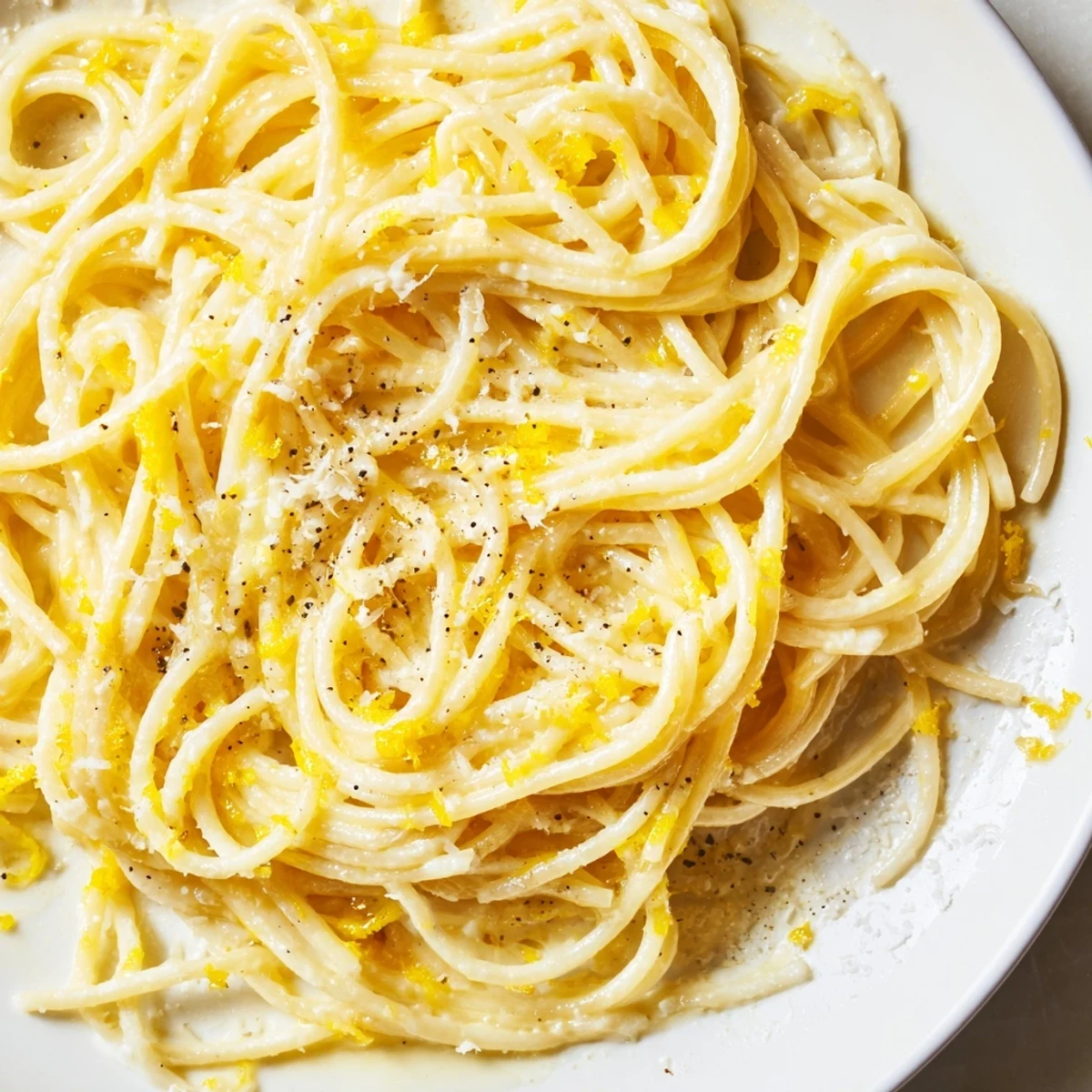 Golden spaghetti coated in zesty Parmesan lemon sauce garnished with fresh cracked pepper