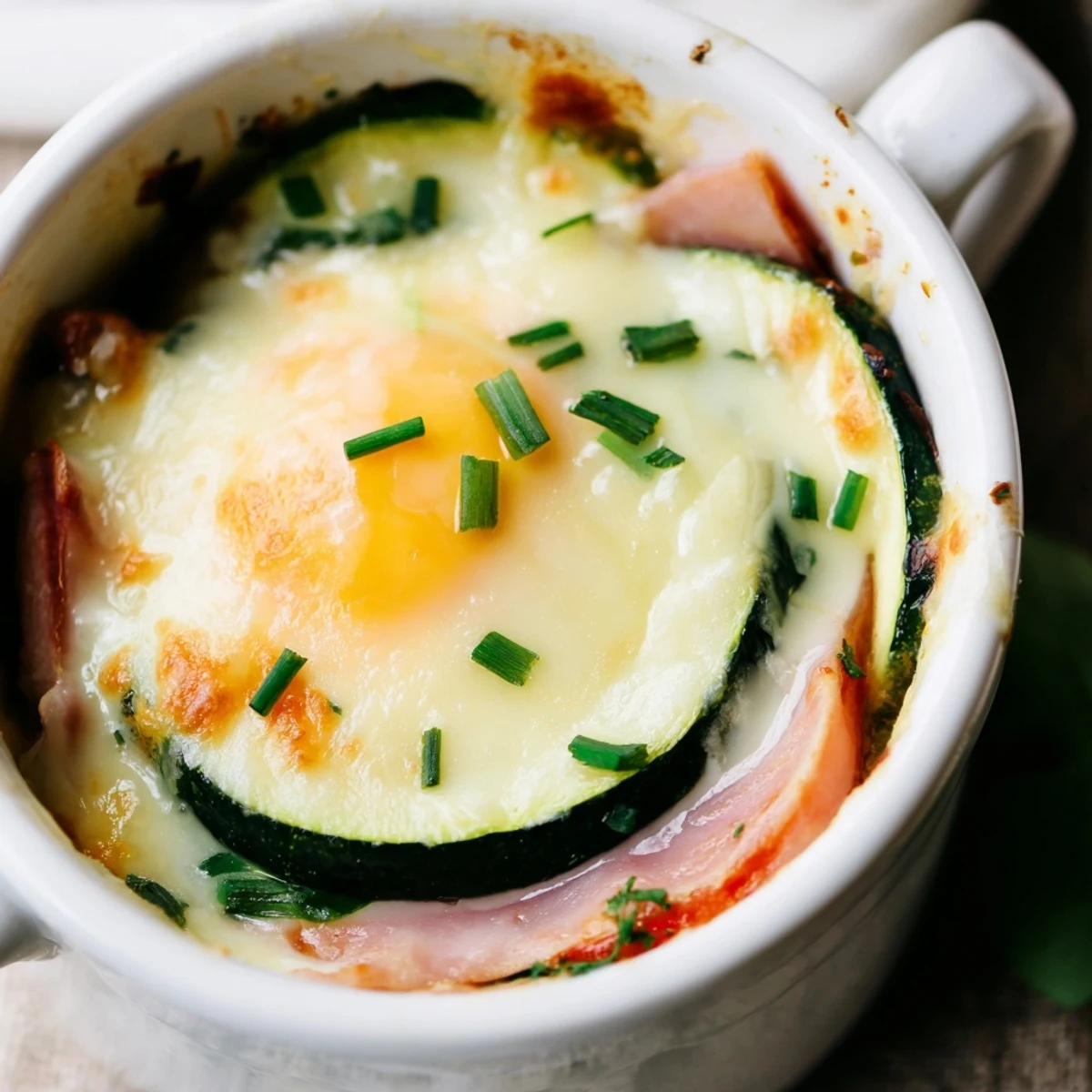 Golden Baked Eggs Napoleon with runny yolks nestled in creamy Gruyère sauce and layered vegetables