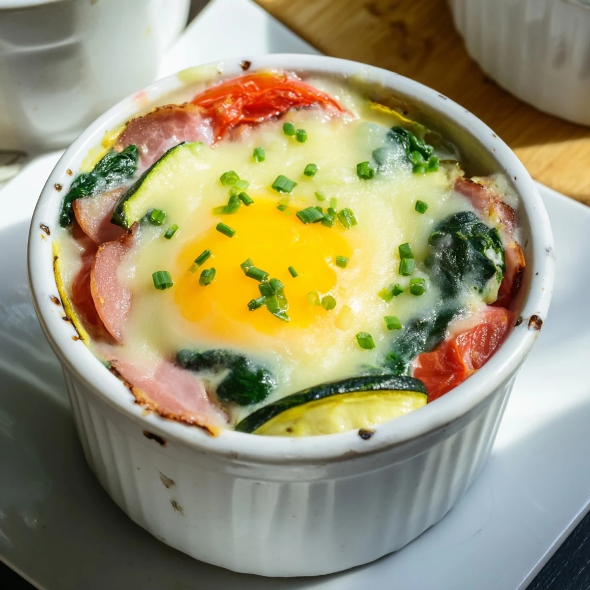 Elegant Baked Eggs Napoleon in ramekins featuring ham spinach and velvety cheese sauce topping