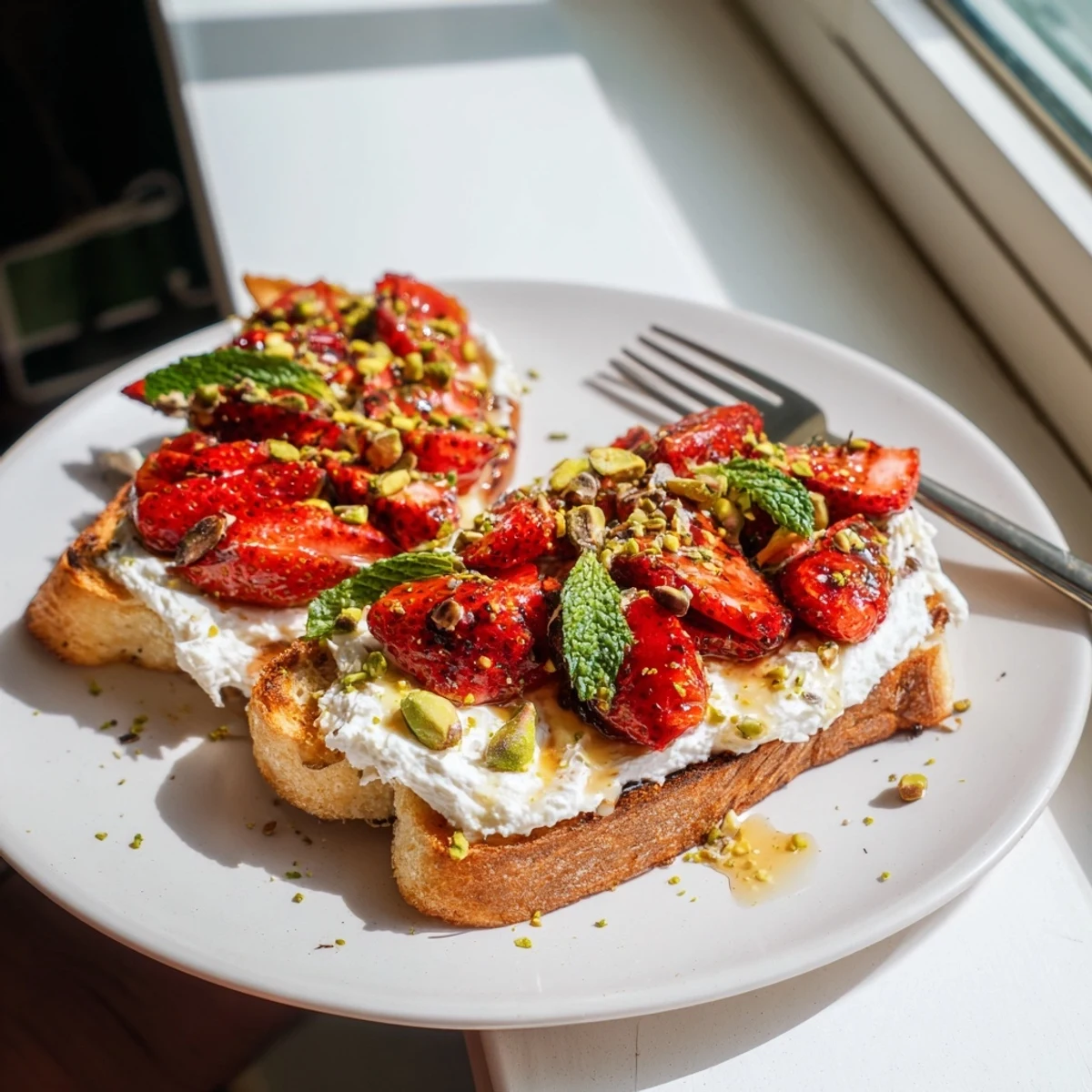 Creamy whipped ricotta topped with juicy roasted strawberries on golden sourdough toast