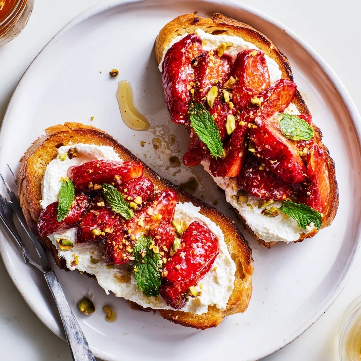 Roasted strawberry whipped ricotta toast with honey drizzle and fresh mint garnish