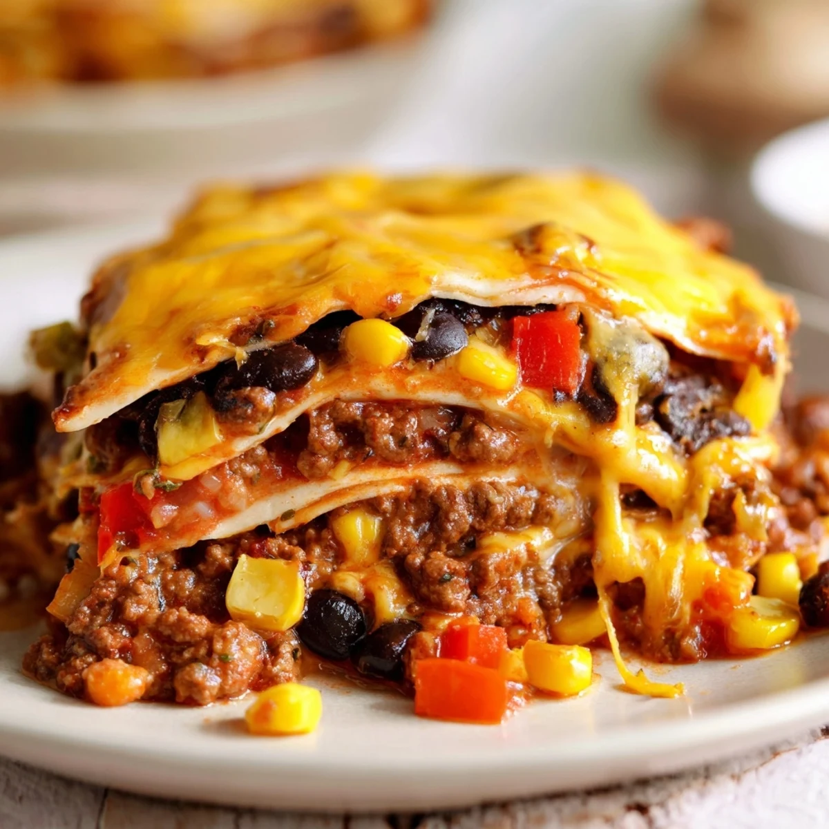 Golden melted cheese tops this bubbling Mexican lasagna with seasoned beef and beans