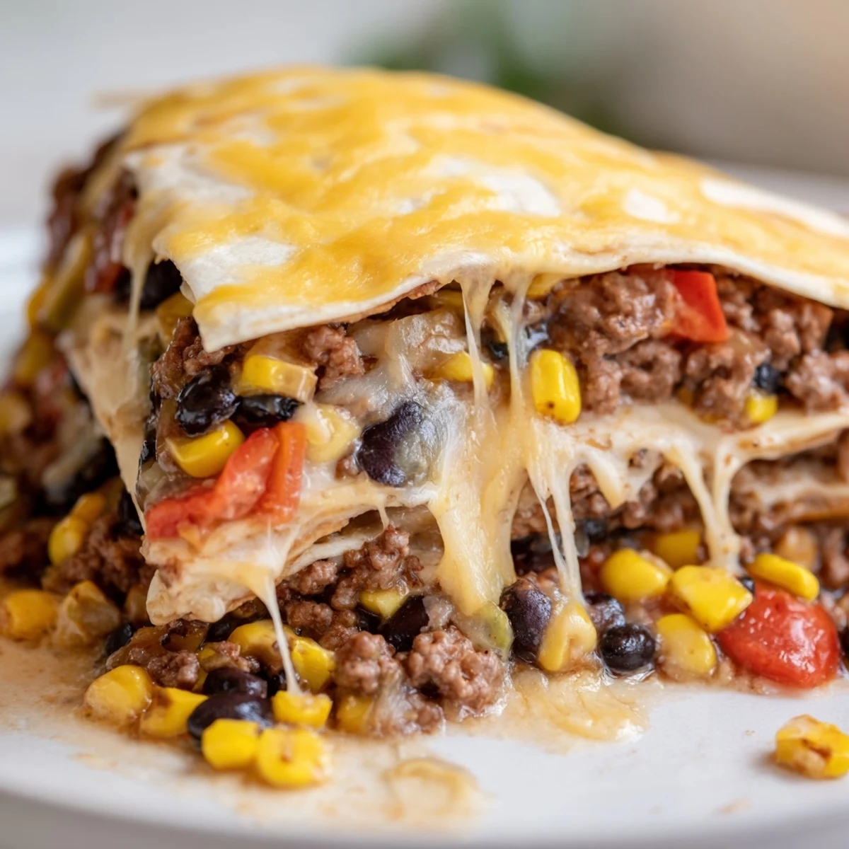 Layered flour tortillas and spiced ground beef in this cheesy Mexican lasagna