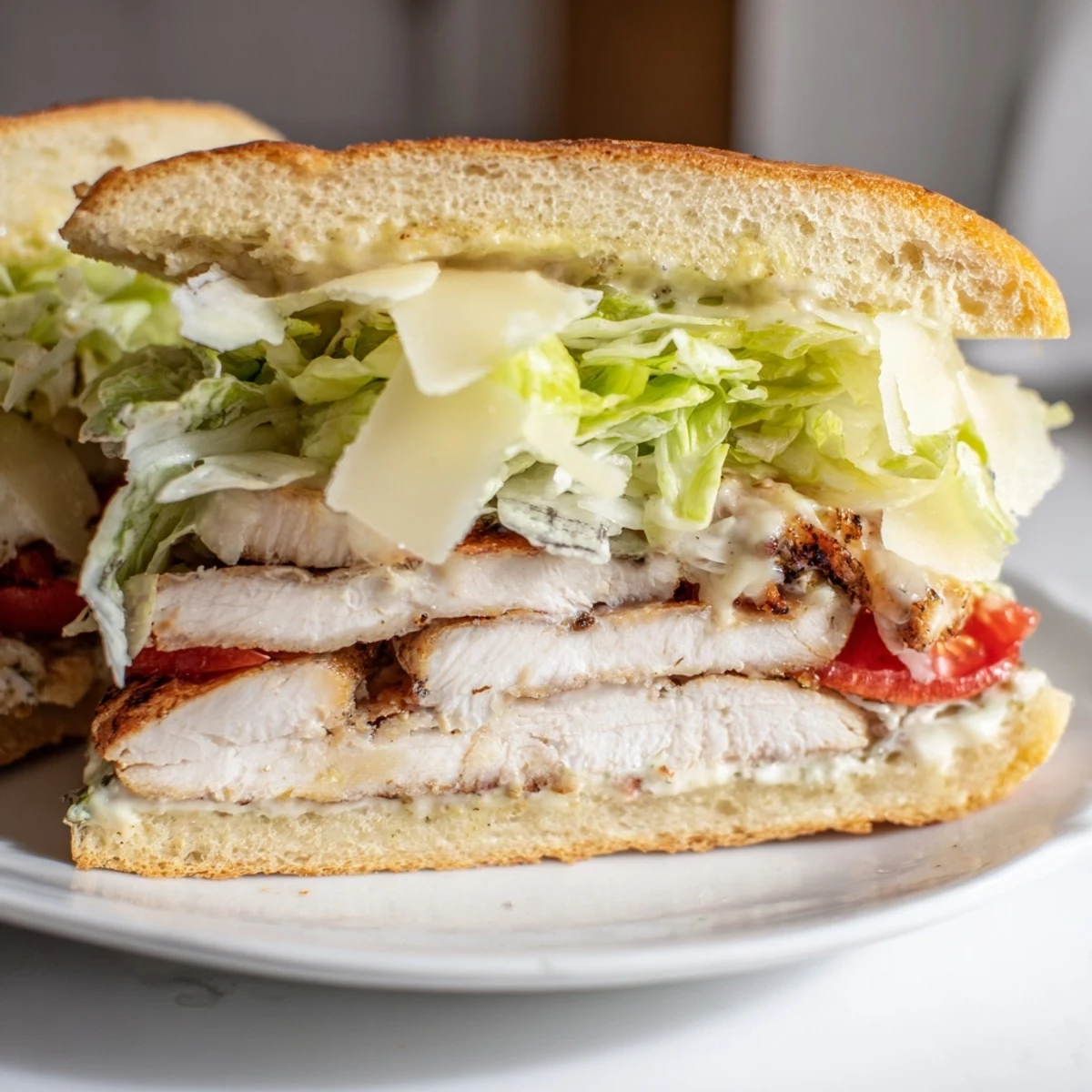 Golden toasted ciabatta roll filled with sliced grilled chicken Caesar sandwich and crisp romaine lettuce