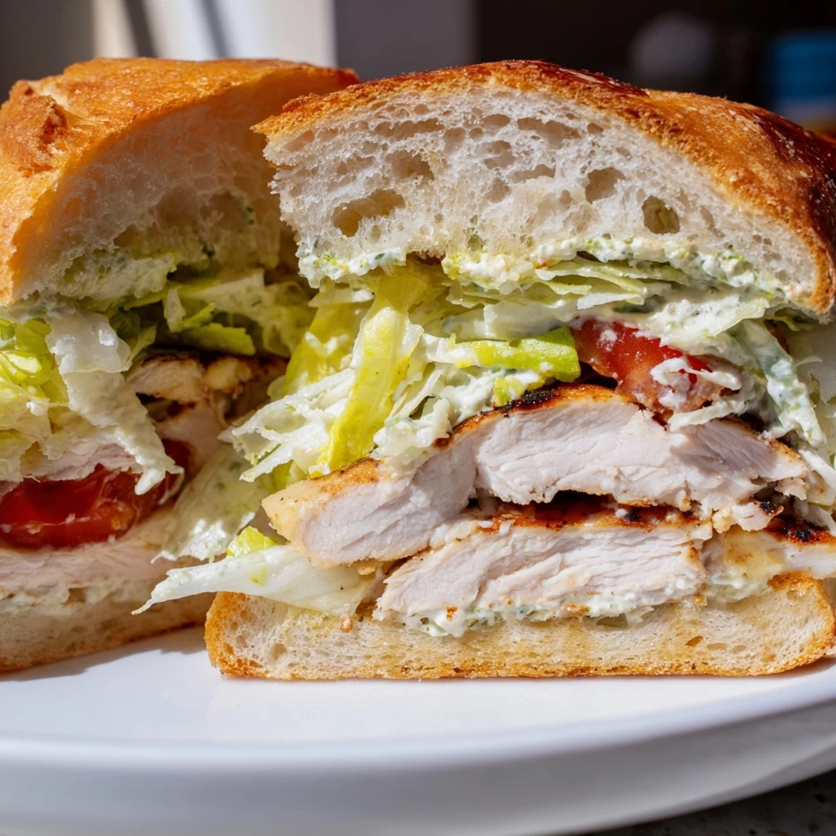 Juicy grilled chicken layered with creamy Caesar dressing and fresh romaine on crusty bun