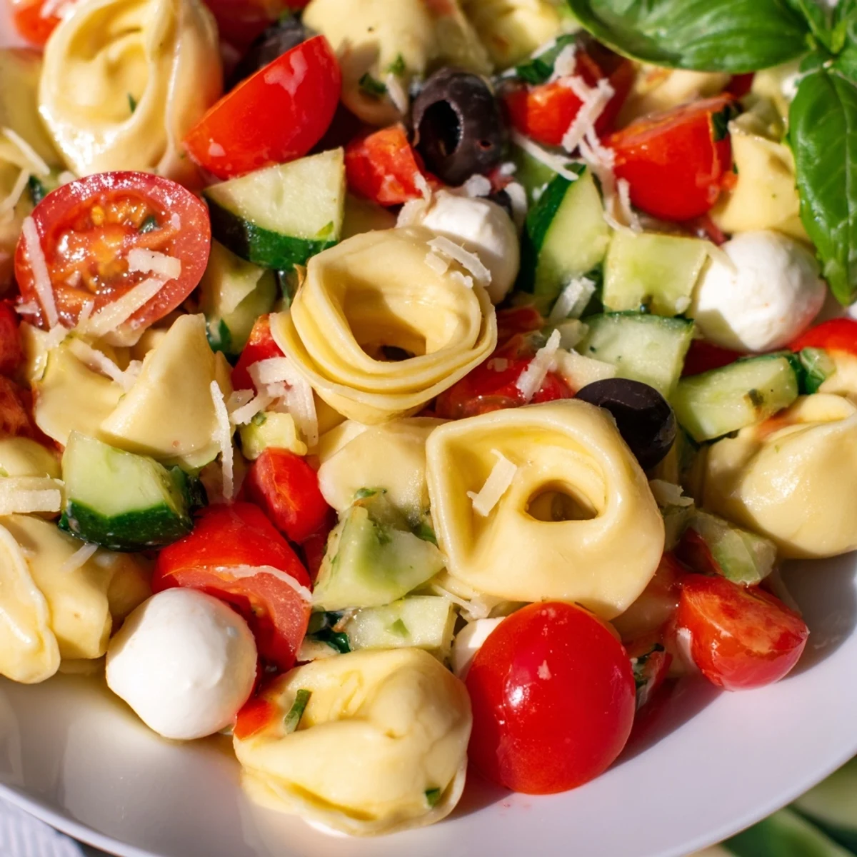 Colorful tortellini salad tossed with fresh vegetables, mozzarella, and zesty Italian vinaigrette in a bowl