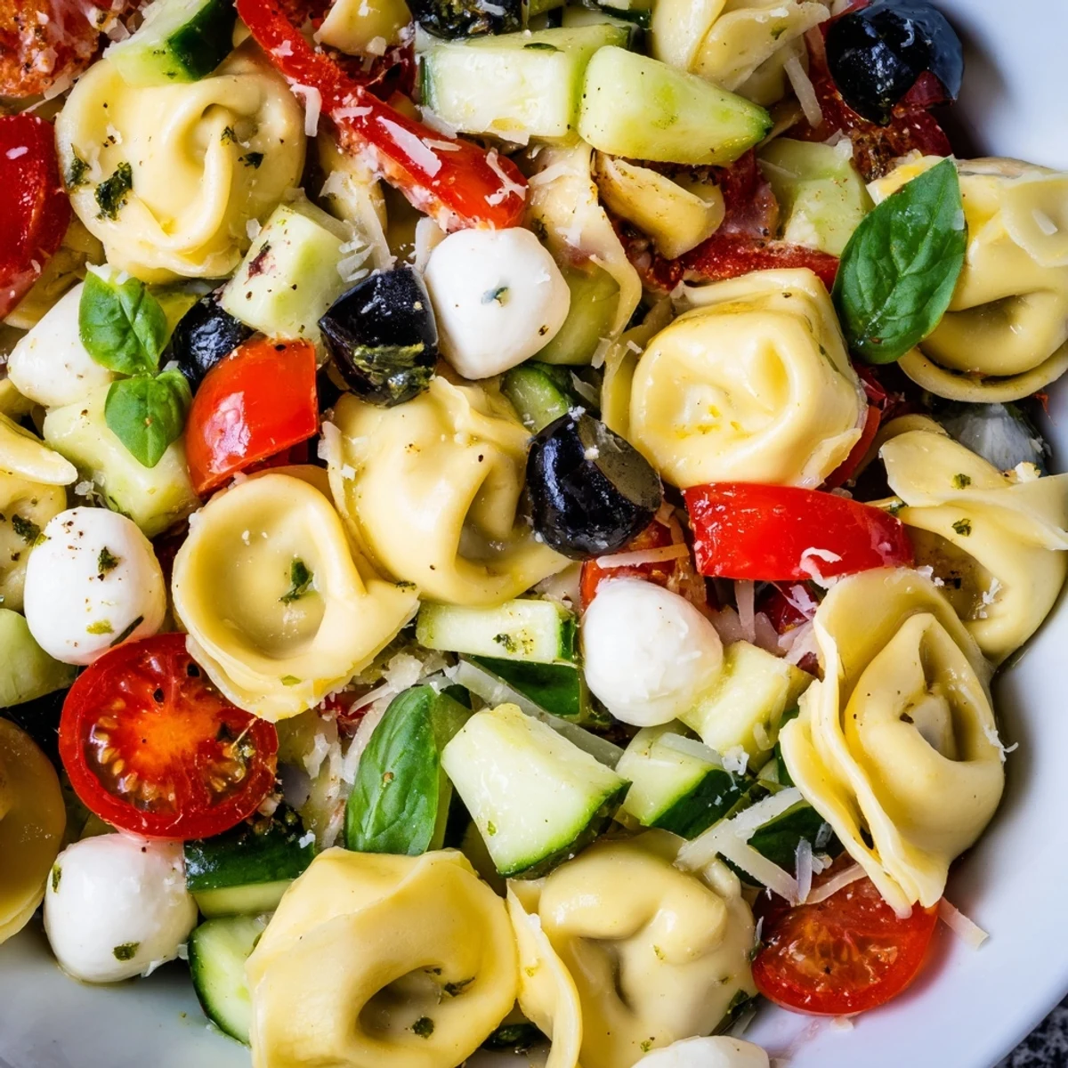 Tortellini salad with cherry tomatoes, cucumbers, olives, and basil in a tangy herb dressing