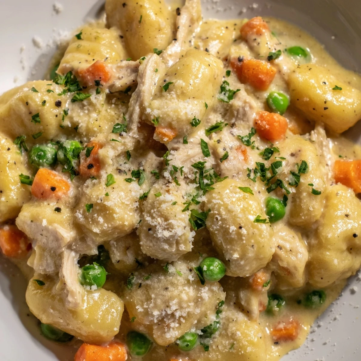 Creamy one pot gnocchi chicken pot pie with tender vegetables in a golden skillet