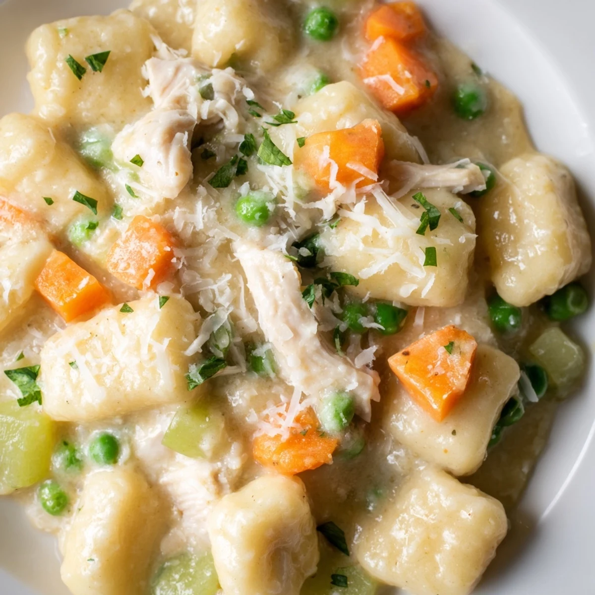 One pot gnocchi chicken pot pie topped with fresh parsley and parmesan cheese