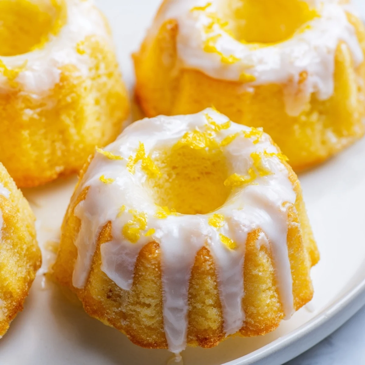 Golden mini lemon cakes with drizzled glaze on a white serving plate