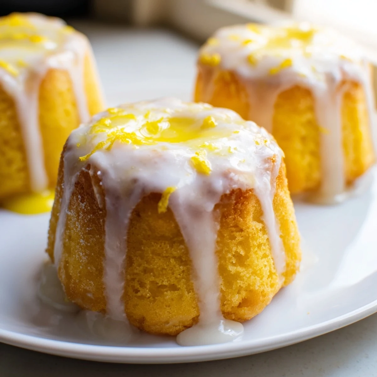 Moist mini lemon cakes topped with sweet citrus icing close-up