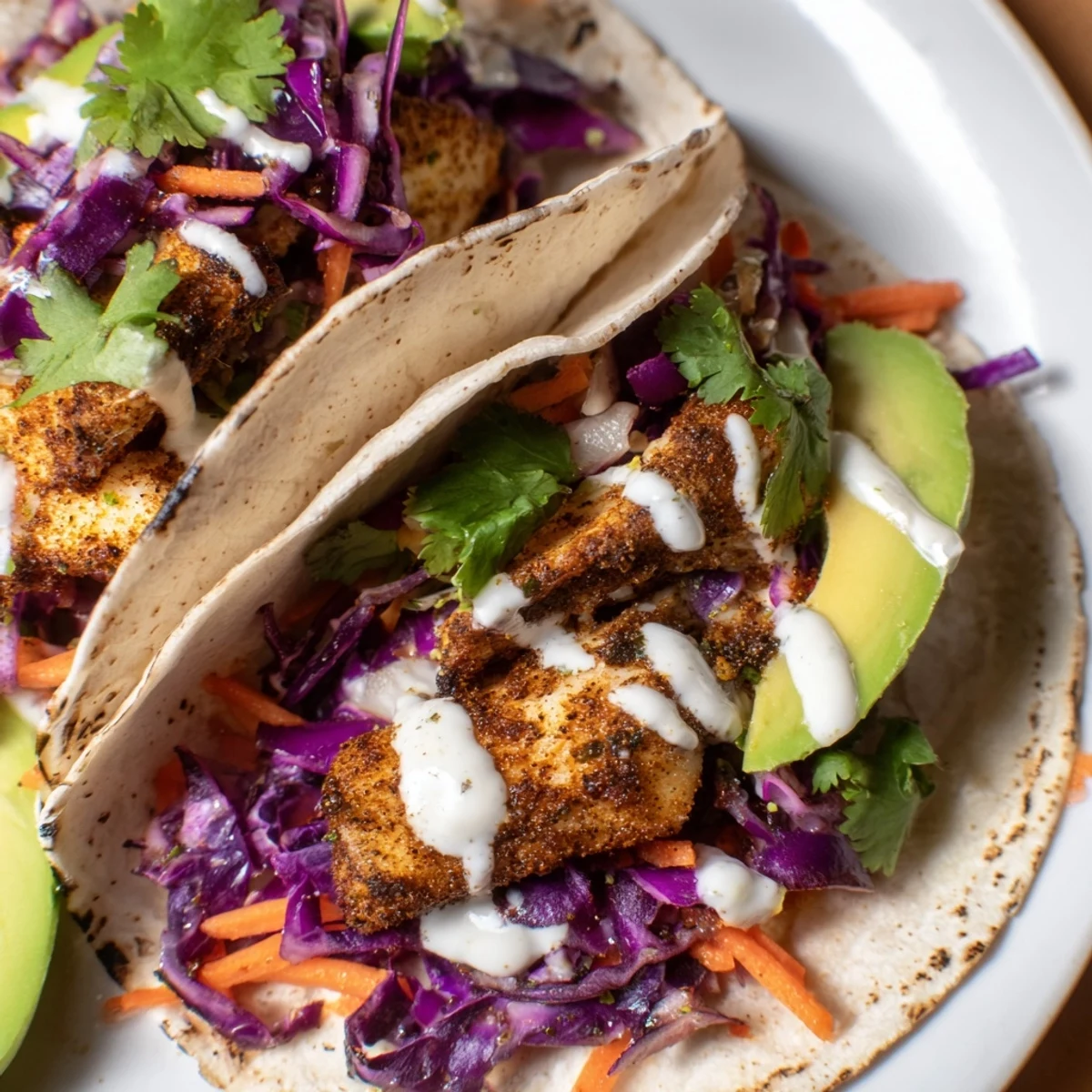 Crispy spiced tilapia fish tacos topped with vibrant cabbage slaw and creamy zesty lime crema