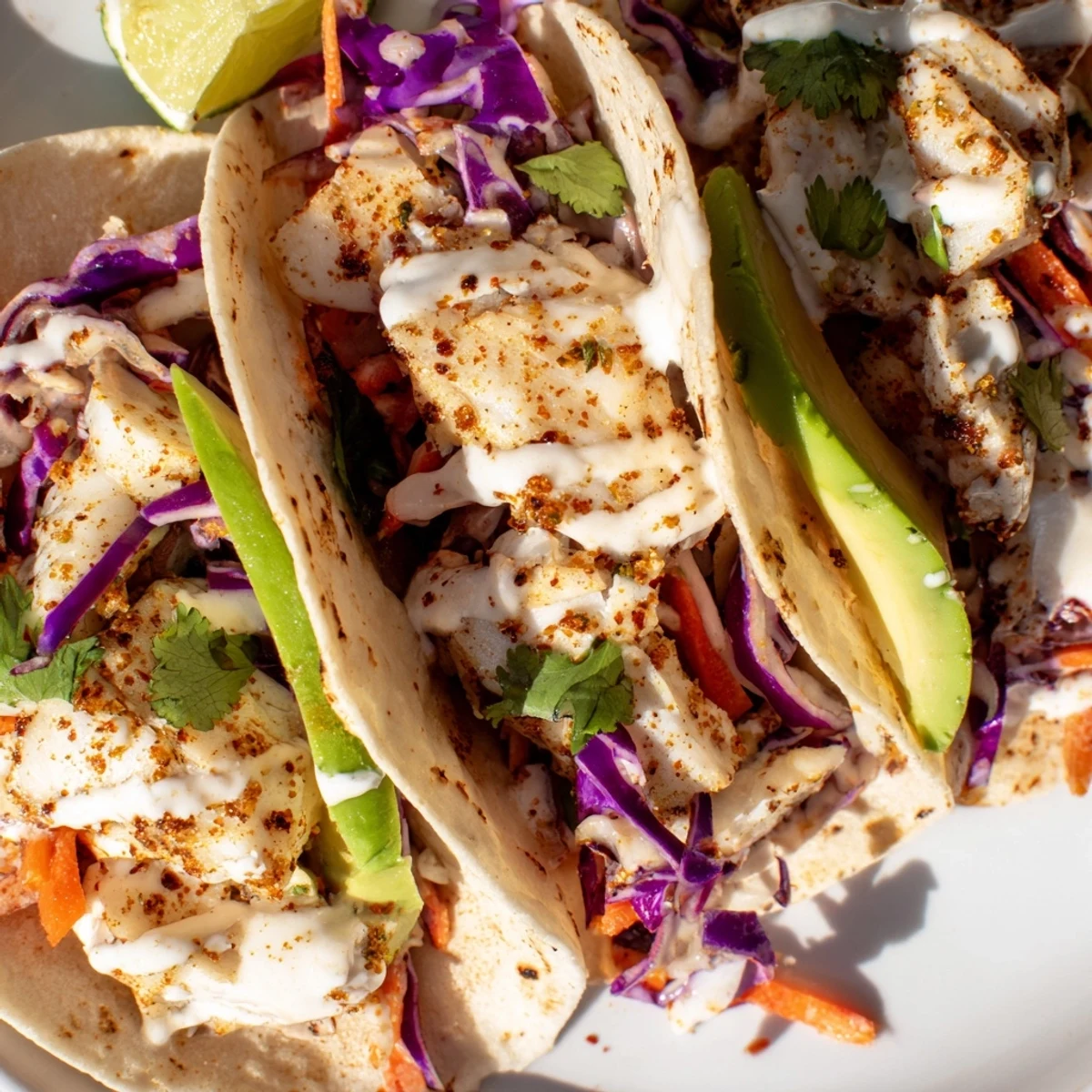 Warm tortillas filled with flaky tilapia fish tacos, fresh crunchy slaw, and smooth avocado slices