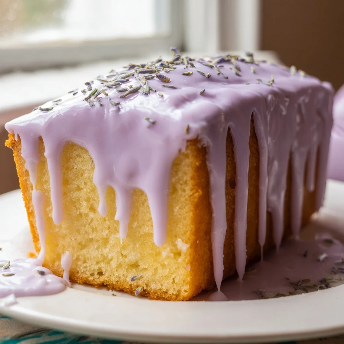 Smooth lavender glaze cascading down a golden pound cake with elegant drips