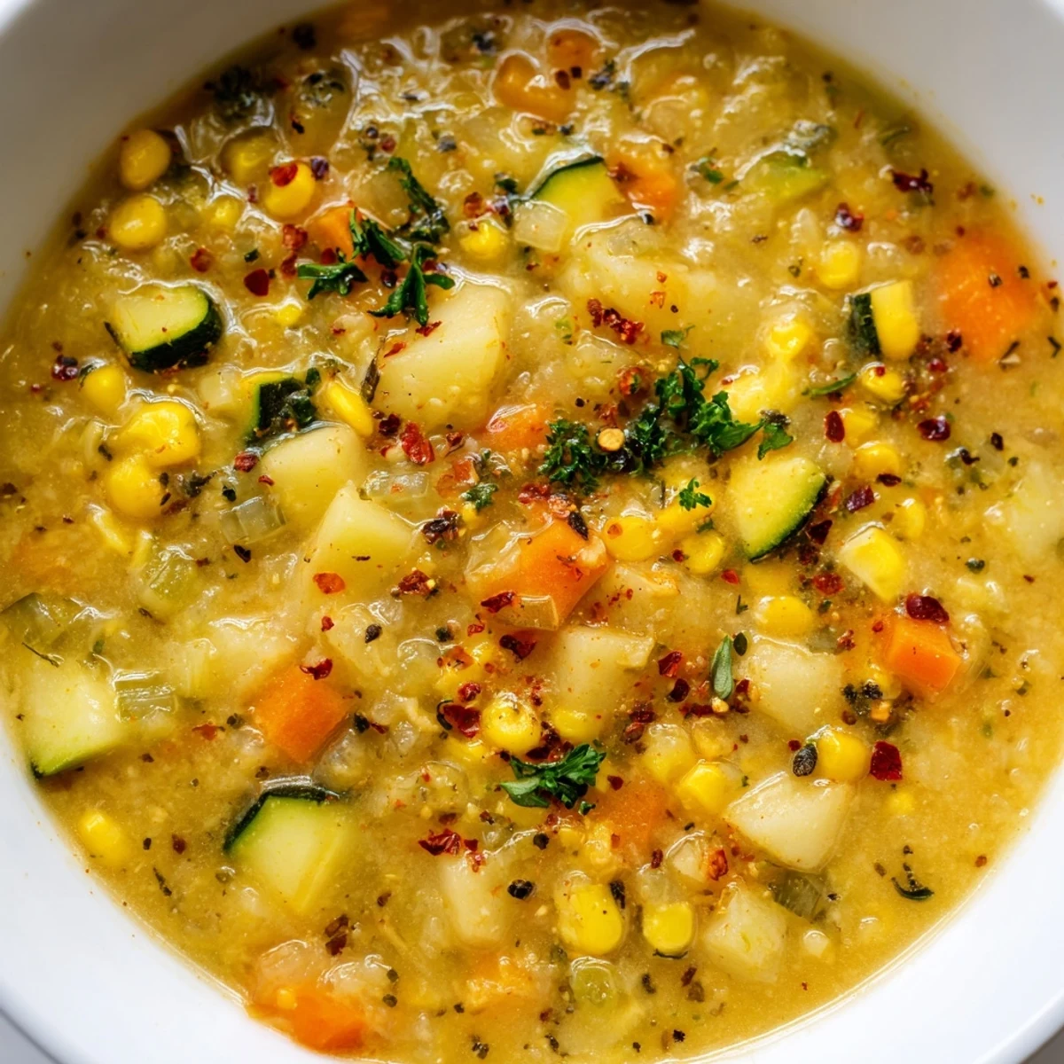 Creamy Potato Corn Zucchini Soup served in a rustic bowl with fresh parsley garnish
