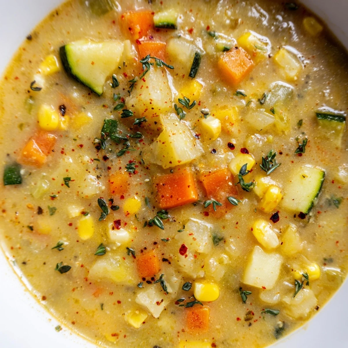 Steaming bowl of Potato Corn Zucchini Soup featuring tender vegetables in rich broth
