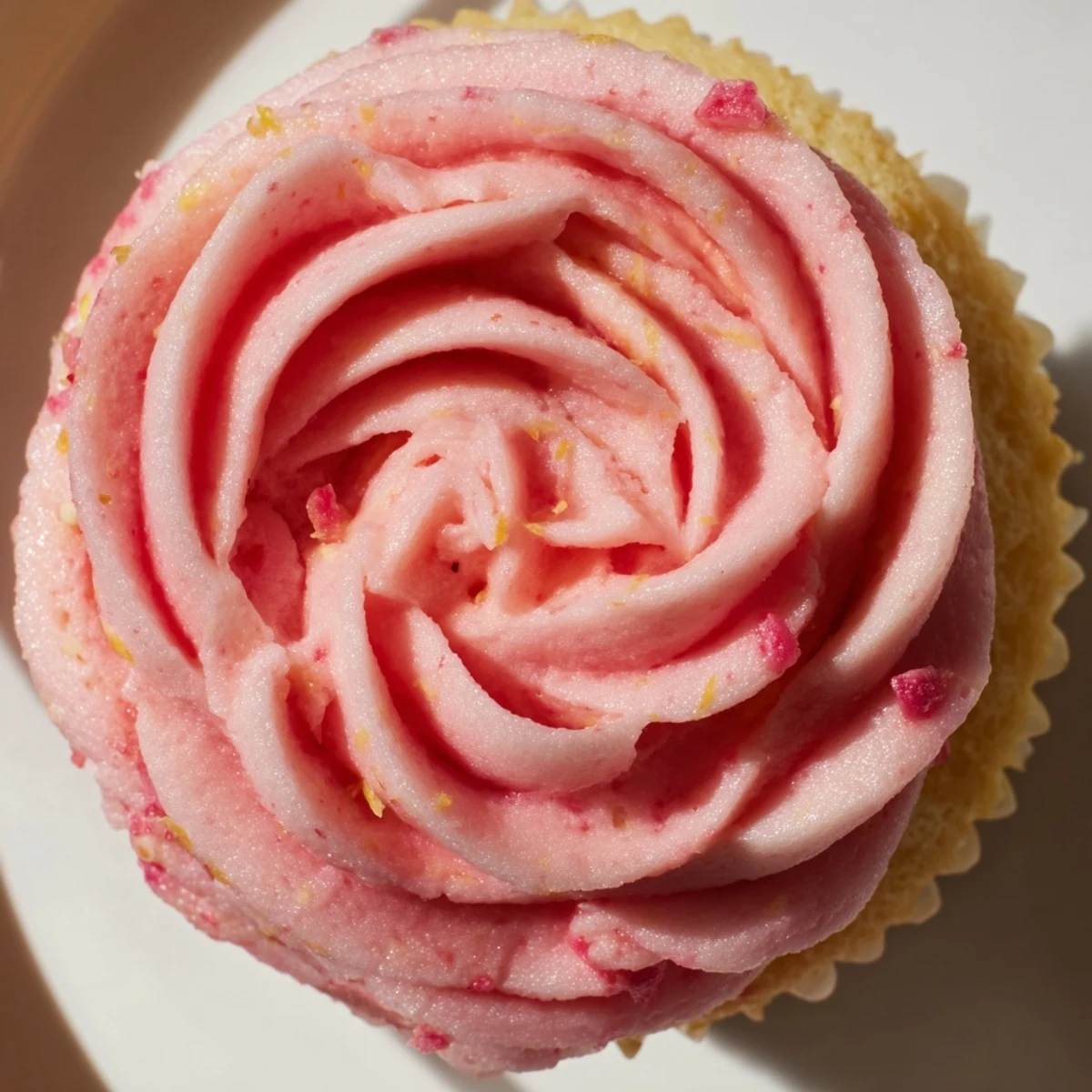 Pink frosted strawberry lemonade cupcakes topped with swirled buttercream on a rustic wooden serving board