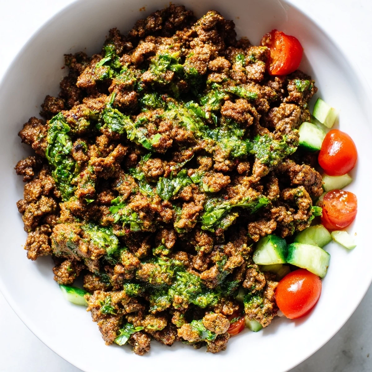 Golden spiced ground beef topped with vibrant green chimichurri sauce in a rice bowl
