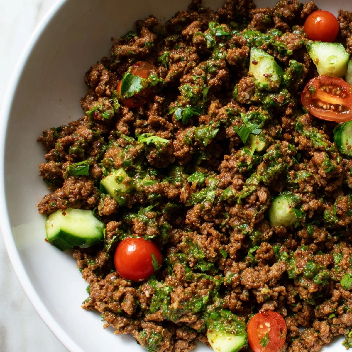 Chimichurri ground beef bowls with fresh avocado tomatoes and cucumber over fluffy white rice