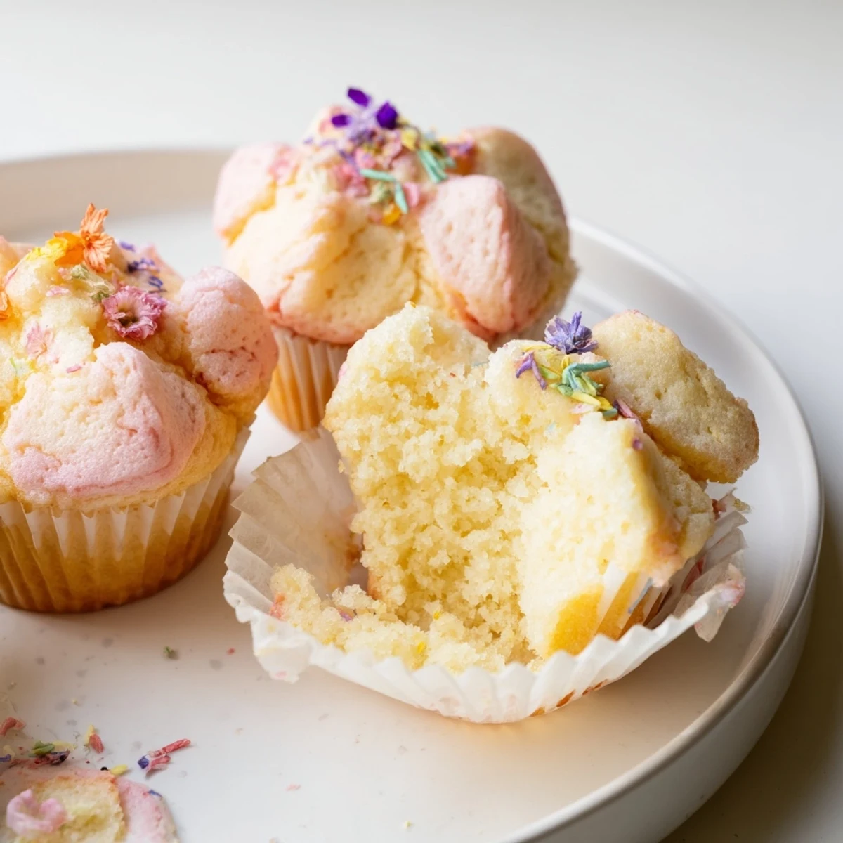 Fluffy Steamed Blooming Cupcakes swirled with pastel colors and topped with sprinkles