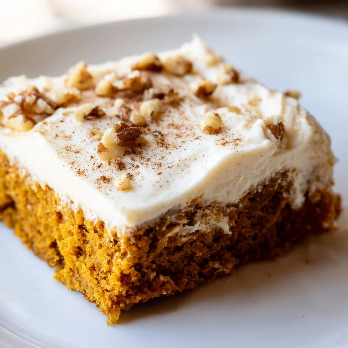 Warm spiced pumpkin bars with cream cheese frosting sliced on a rustic wooden board
