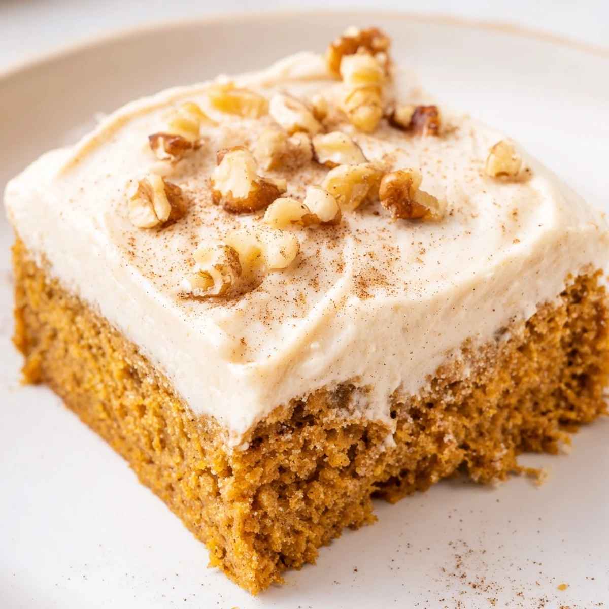 Creamy frosted pumpkin bars dusted with cinnamon in a cozy autumn kitchen setting