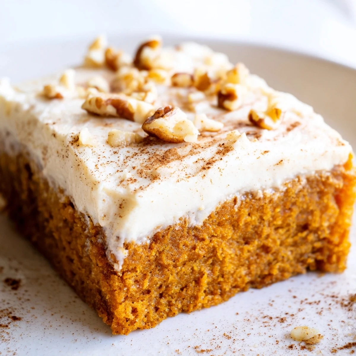 Golden pumpkin bars with thick cream cheese frosting cut into neat squares ready to serve