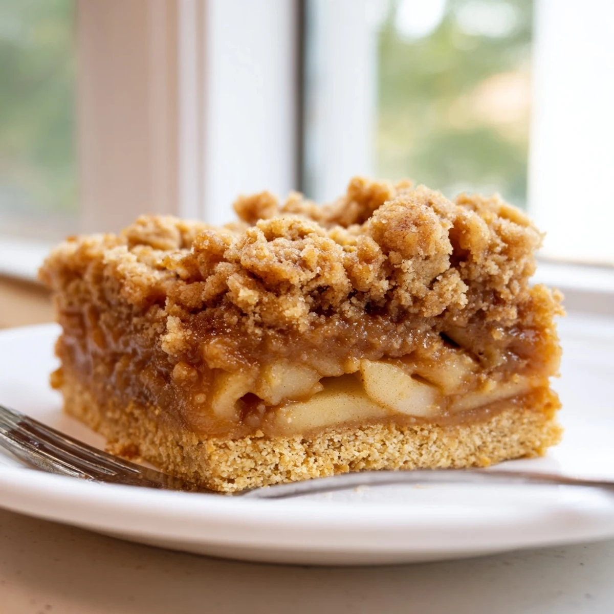 Golden caramel apple crumb bars with buttery streusel topping cut into neat squares