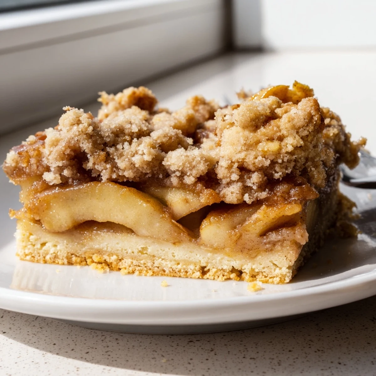 Warm caramel apple crumb bars on a rustic plate drizzled with extra caramel sauce