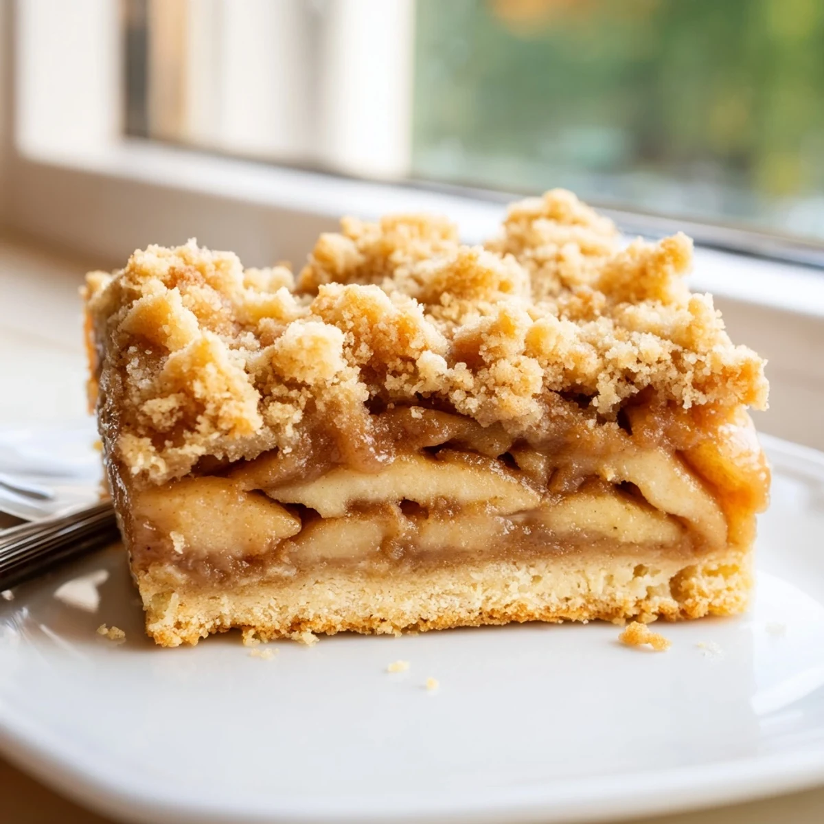 Chewy caramel apple crumb bars revealing layers of spiced apple filling and tender shortbread crust