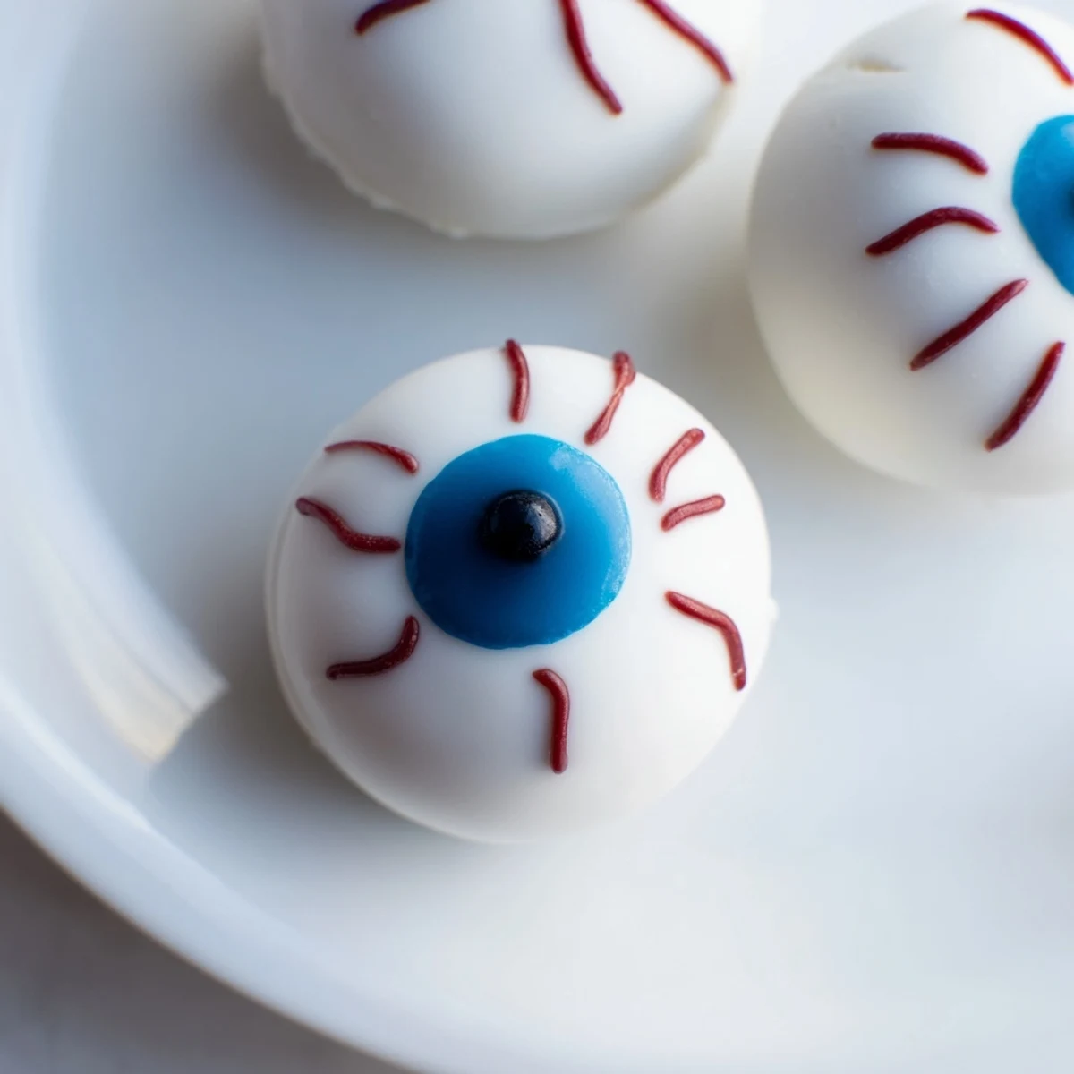 Creepy Halloween Cake Eyeballs with red veins and dark pupils on a spooky party platter