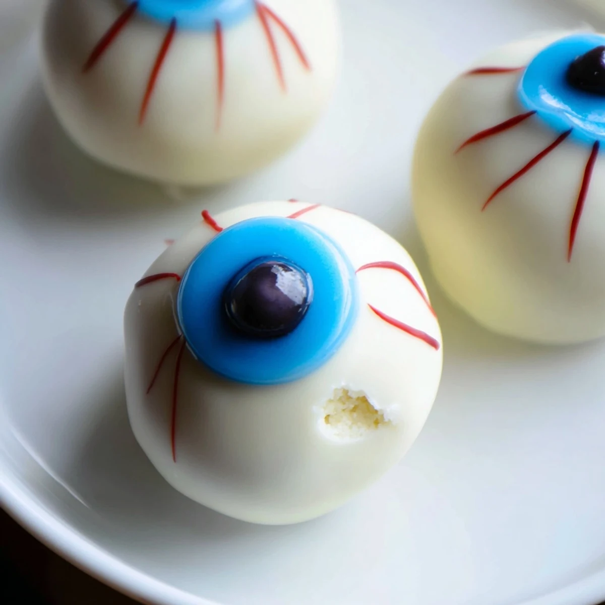 Chilled Halloween Cake Eyeballs arranged on parchment paper showing creamy frosting inside each bite