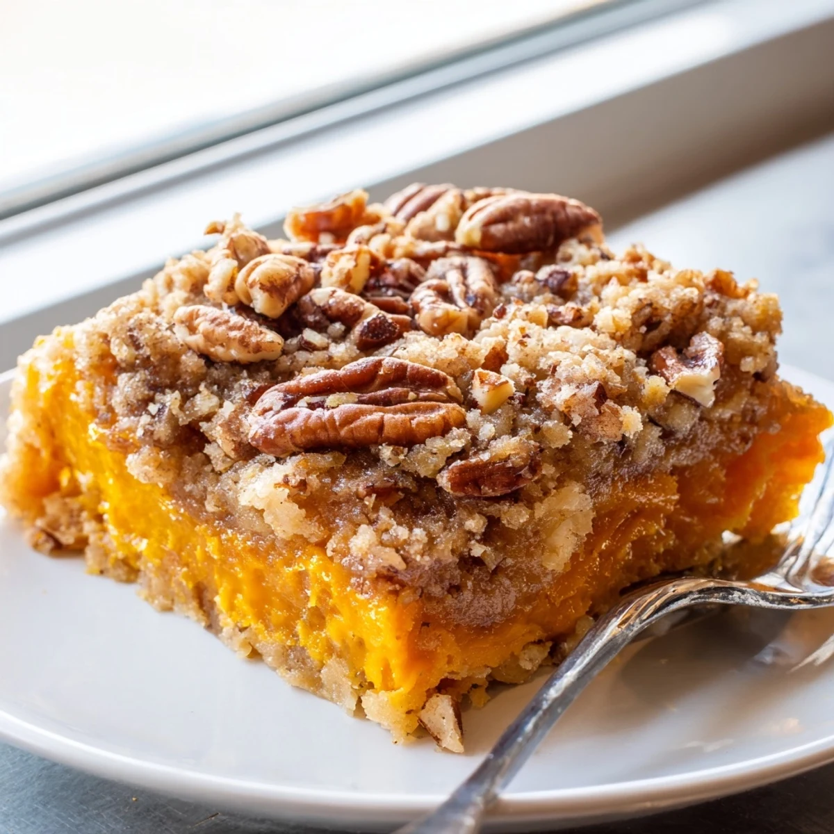 Golden pumpkin dump cake with spiced filling and buttery pecan streusel topping