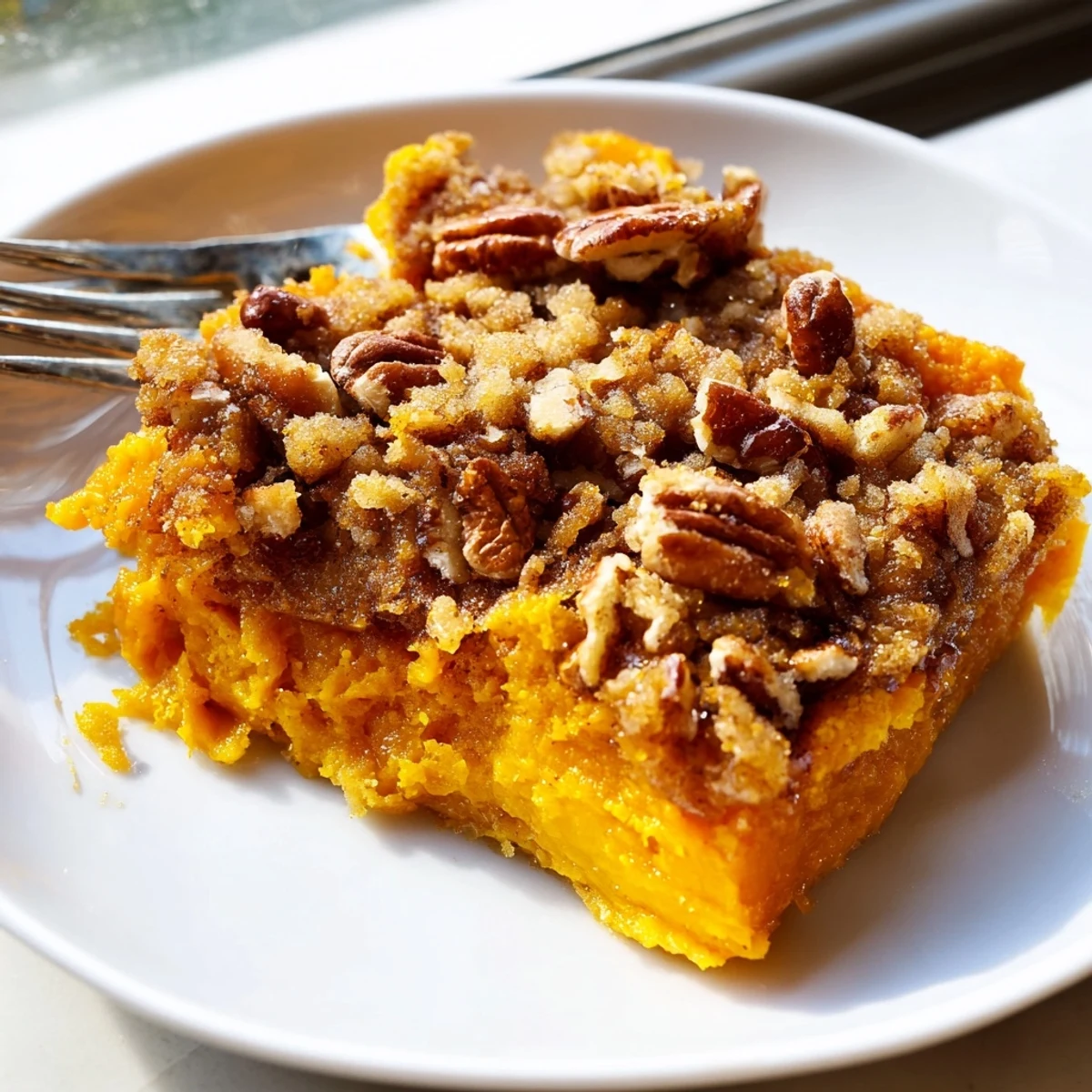 Warm pumpkin dump cake scooped into a bowl with whipped cream