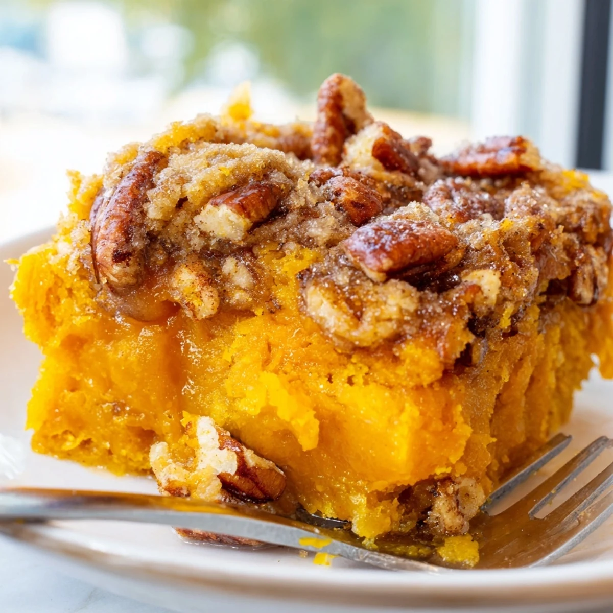 Rich pumpkin dump cake with gooey layers fresh from the oven