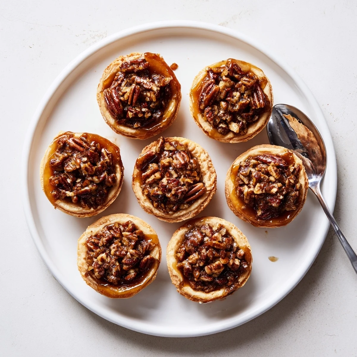 Golden mini pecan pies with gooey caramel filling and toasted nut tops