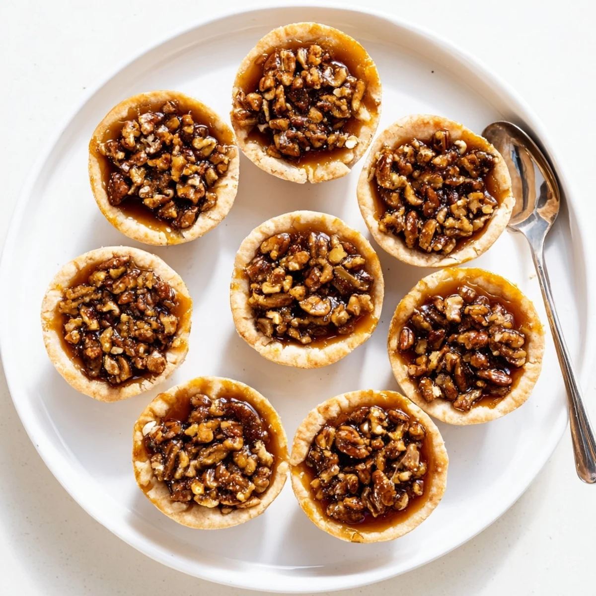 Bite-sized mini pecan pies cooling on a wire rack, crust perfectly golden brown