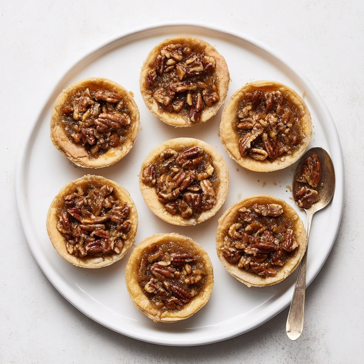 Buttery mini pecan pies drizzled with whipped cream on a festive holiday platter
