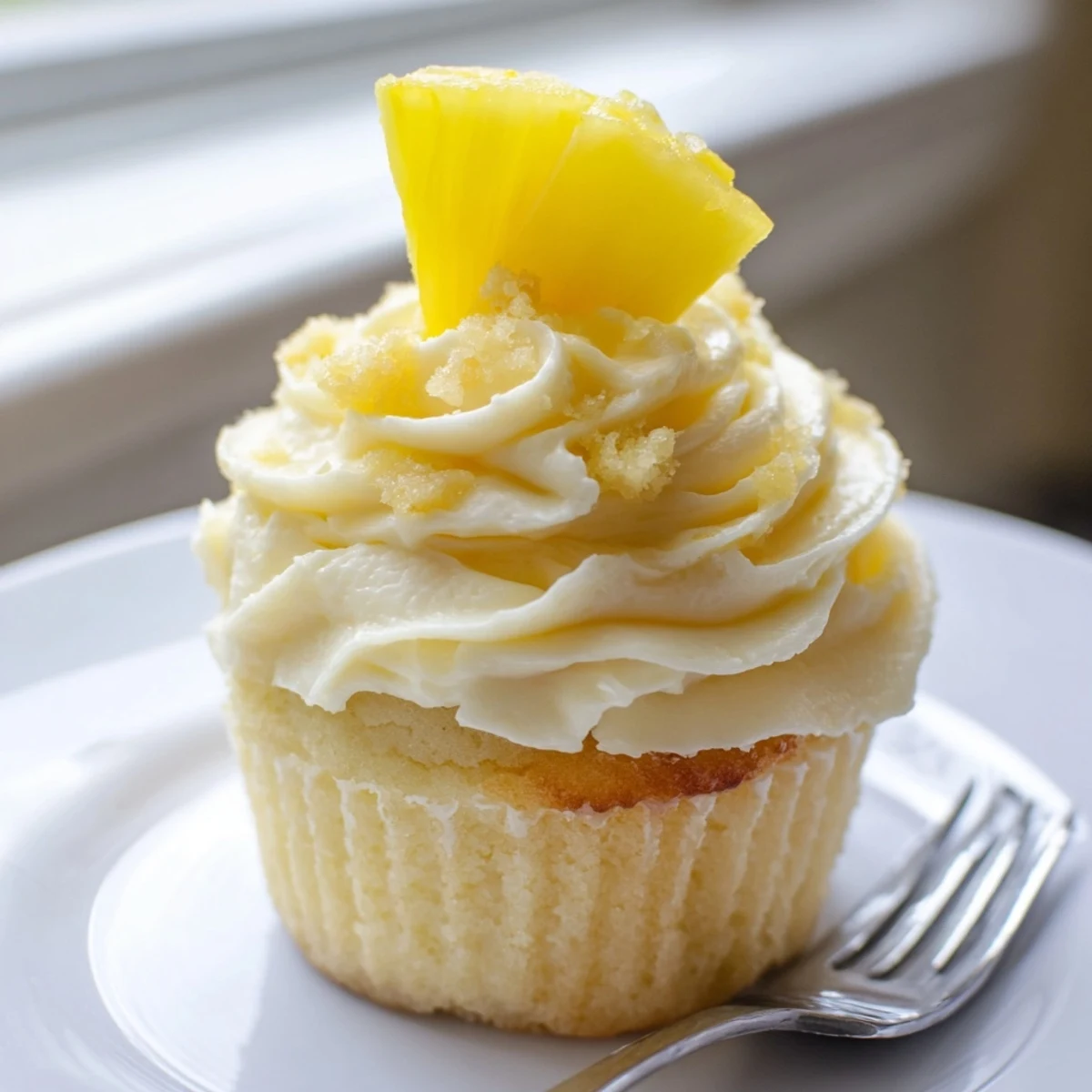Golden Dole Whip Cupcakes piled high with creamy pineapple whipped frosting and cherry garnishes