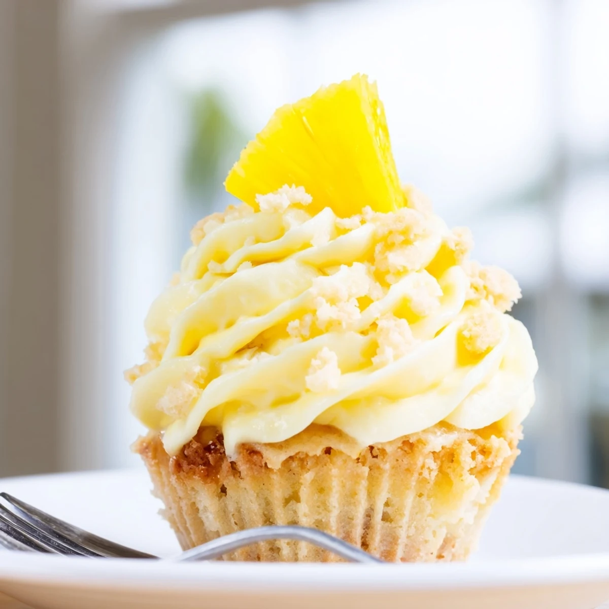 Moist pineapple Dole Whip Cupcakes cooling on a wire rack before fluffy frosting