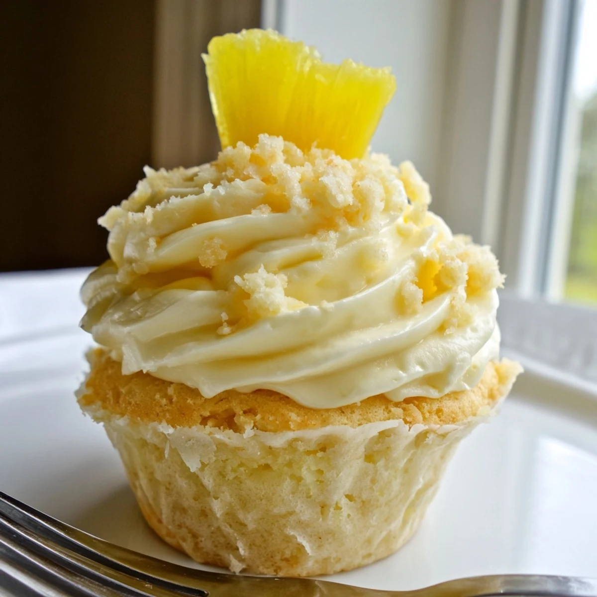 A batch of tropical Dole Whip Cupcakes topped with pillowy pineapple cream swirls