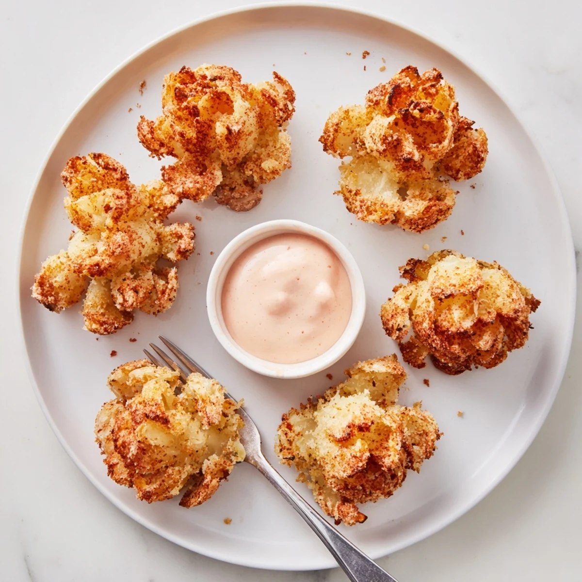 Golden crispy mini bloomin onions served hot with zesty horseradish dipping sauce