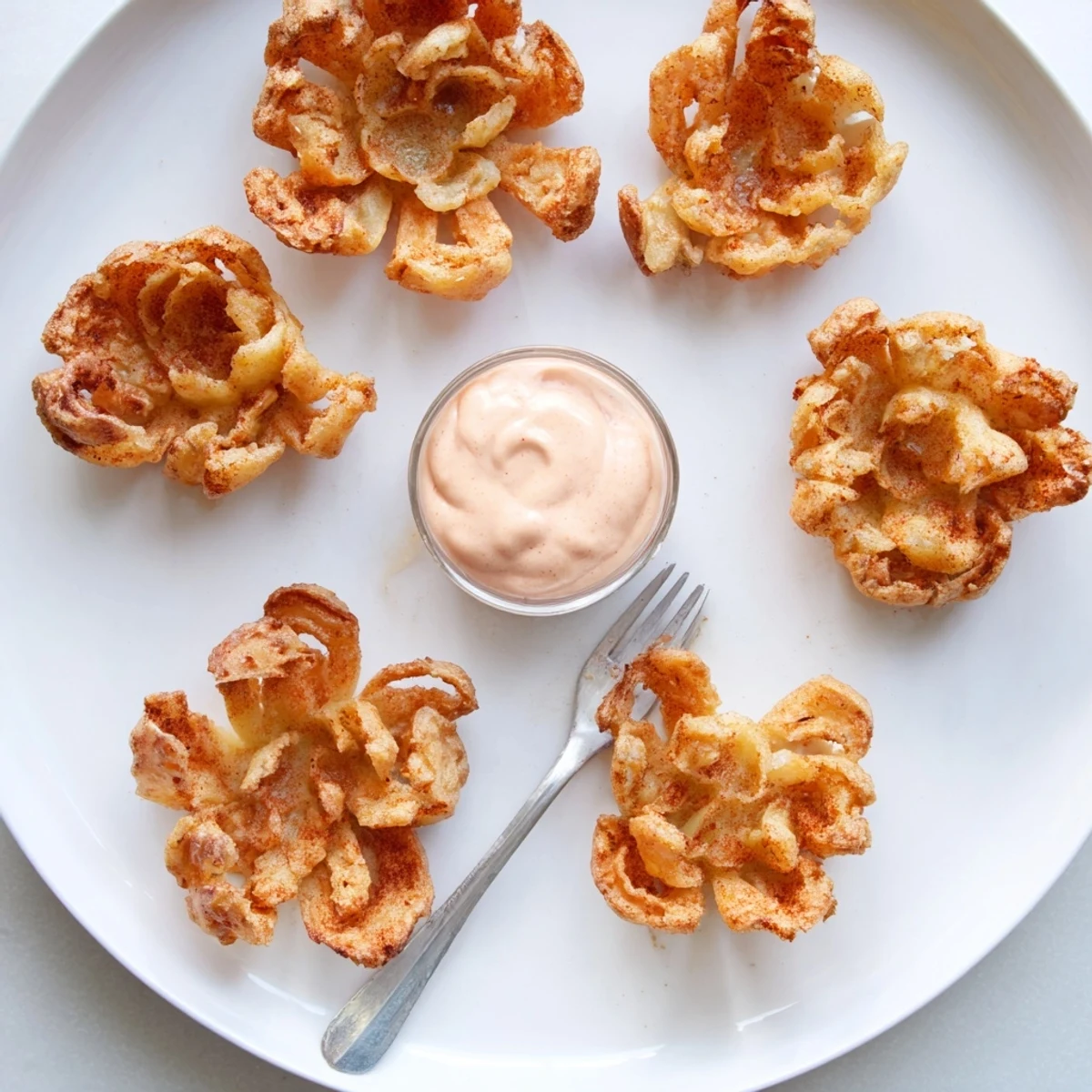 Deep-fried mini bloomin onions with crunchy seasoned petals arranged on a platter