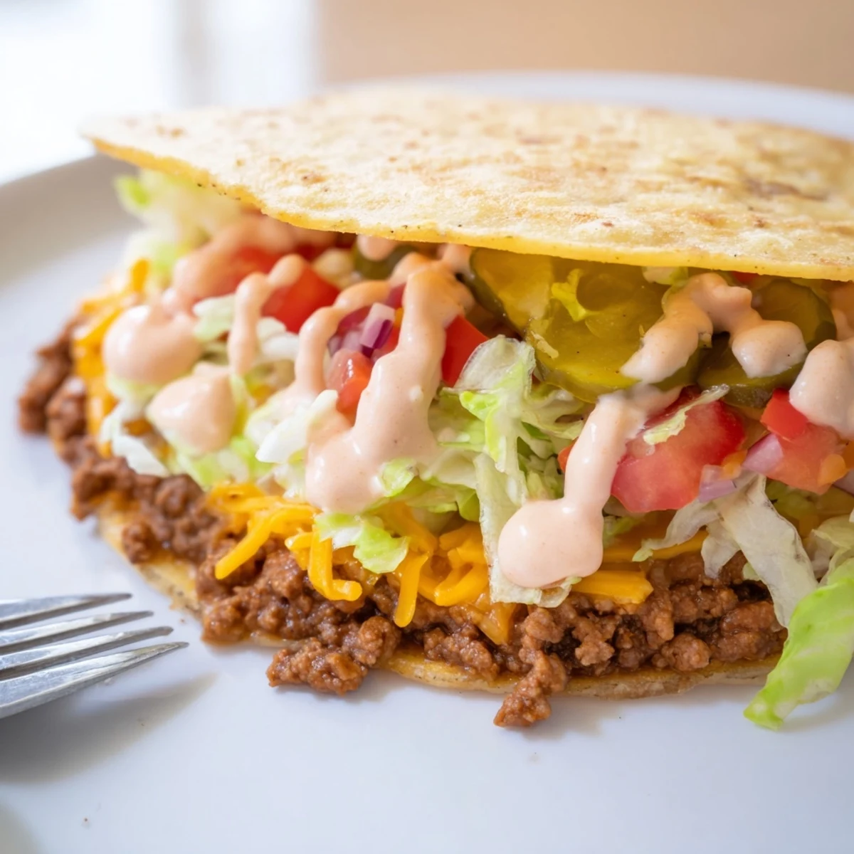 Crispy-edged smash burger tacos drizzled with creamy sauce served on a warm plate